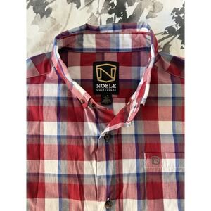 Noble Outfitters Red Blue Plaid Check Casual Button Short Sleeve Shirt LG Tall